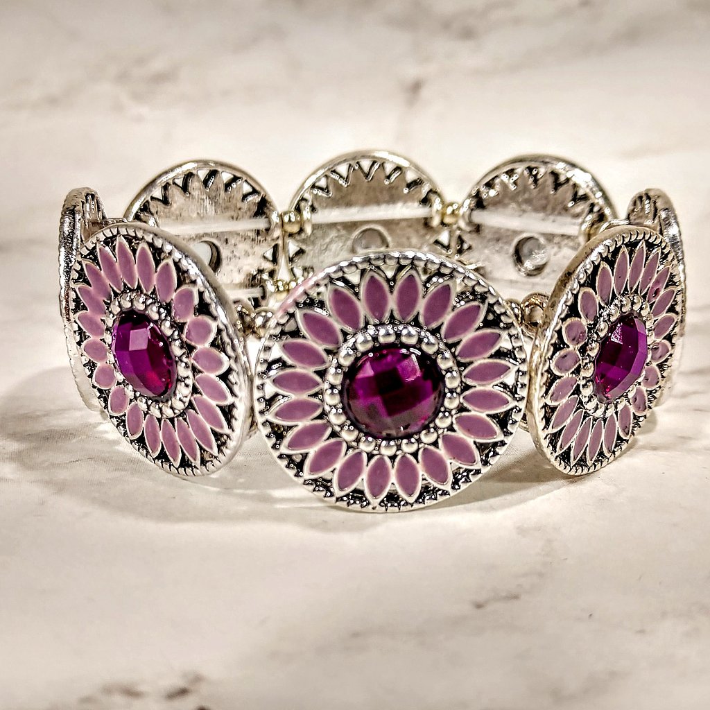 Purple Flower Stretch Bracelet With Painted Flowers And Purple Crystals